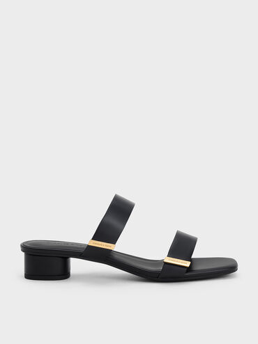 Metallic-Accent Double-Strap Heeled Sandals, Black, hi-res