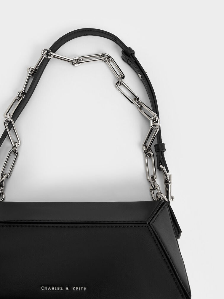 Nasrin Geometric Chain-Handle Shoulder Bag, สีดำอะไหล่สีเงิน, hi-res