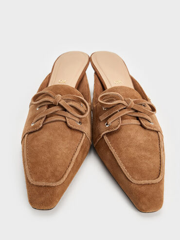 Kori Suede Lace-Up Sculptural-Heel Mules, Cognac, hi-res