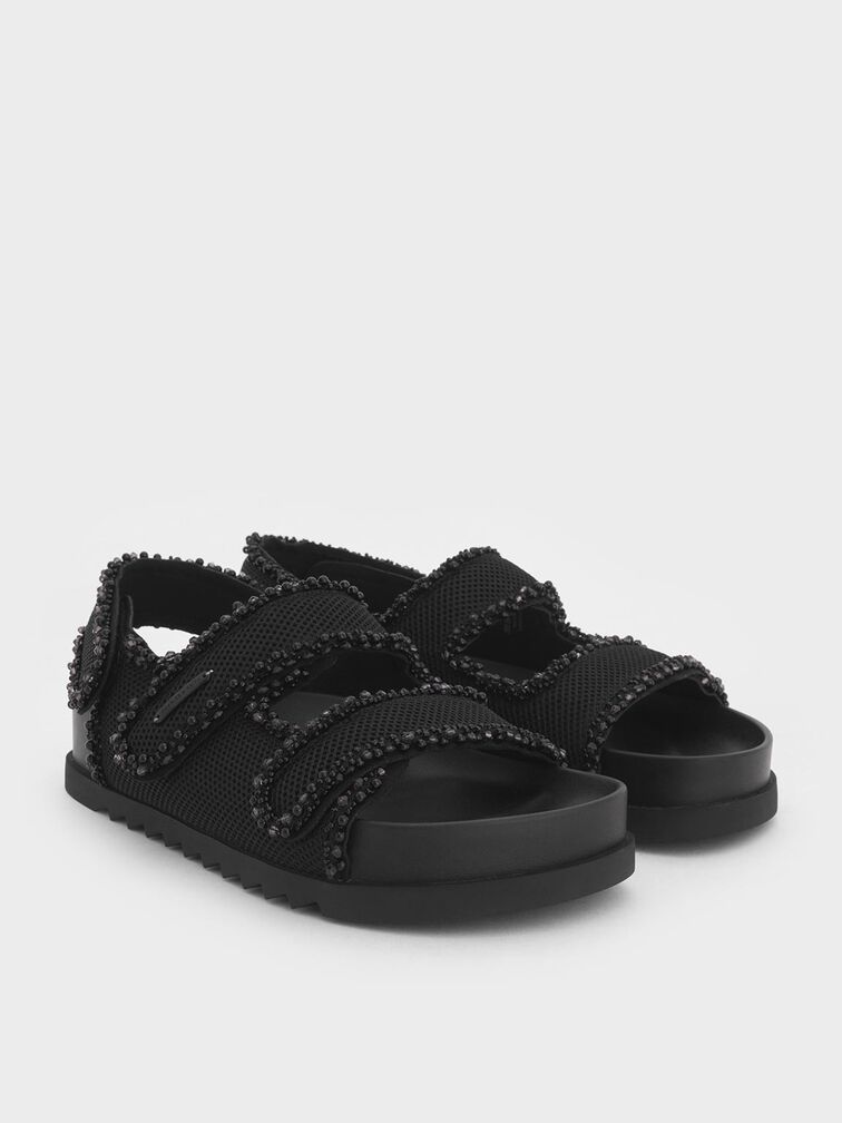 Mesh Pearl-Embellished Flatform Sandals, Black Textured, hi-res