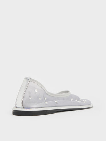 Mesh Gem-Embellished Ballet Flats, Silver, hi-res