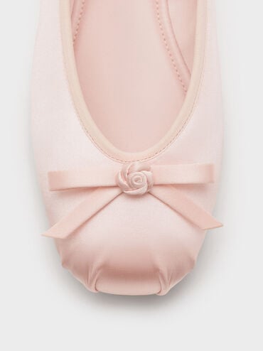 รองเท้าส้นเตี้ยทรงแมรี่เจนประดับดีเทลโบว์กุหลาบรุ่น Kelis, สีชมพูอ่อน, hi-res