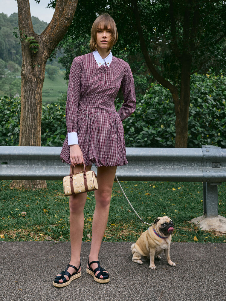 กระเป๋าโบว์ลิ่งวัสดุราฟเฟียประดับดอกไม้รุ่น Philomena, สีเบจ, hi-res