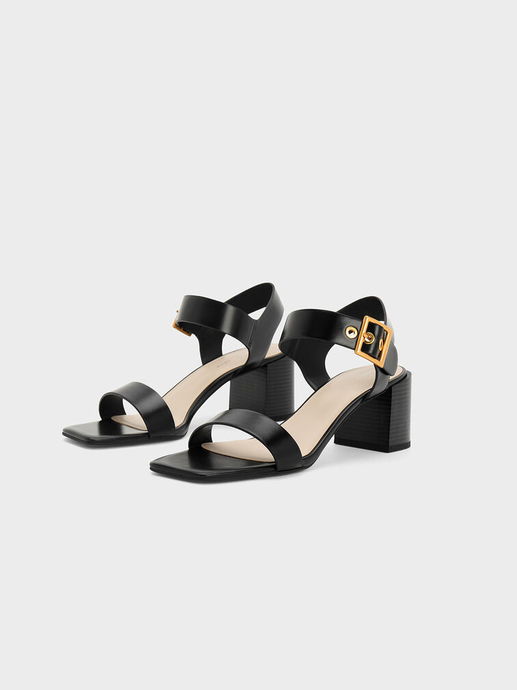 Square-Buckle Block Heel Sandals, Black, hi-res