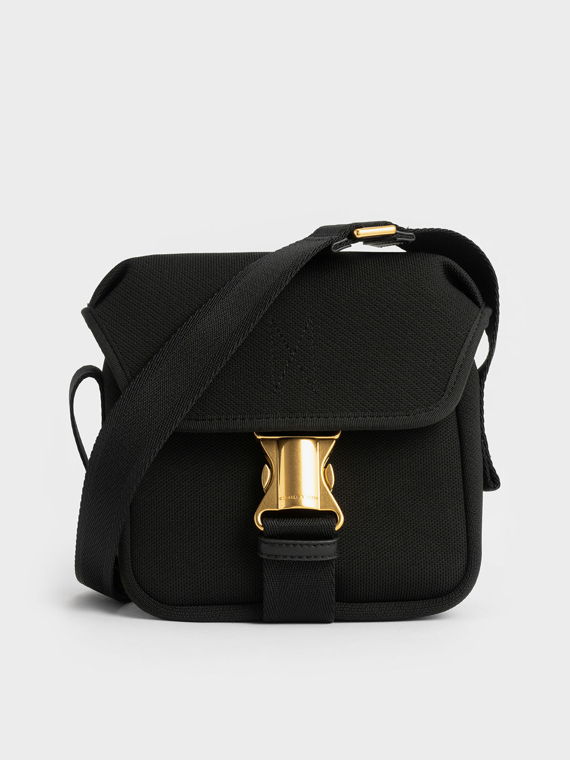 Black Knit & Nylon Metallic Buckle Mini Crossbody Bag CHARLES & KEITH TH