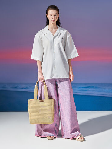 กระเป๋าโท้ทงานถักรุ่น Ida, สีเบจ, hi-res
