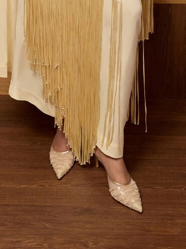 Mesh Metallic Sequinned Heeled Mules, Gold, hi-res