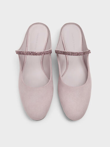 Faux Suede Crystal-Embellished Mary Jane Mules, Light Pink, hi-res
