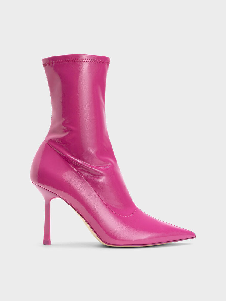 Patent Crinkle-Effect Pointed-Toe Stiletto Heel Ankle Boots, , hi-res