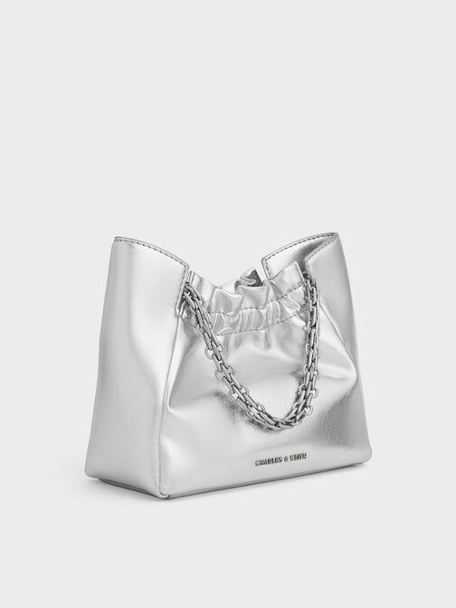 Brigette Ruched Glittered Chain-Handle Shoulder Bag, Silver, hi-res