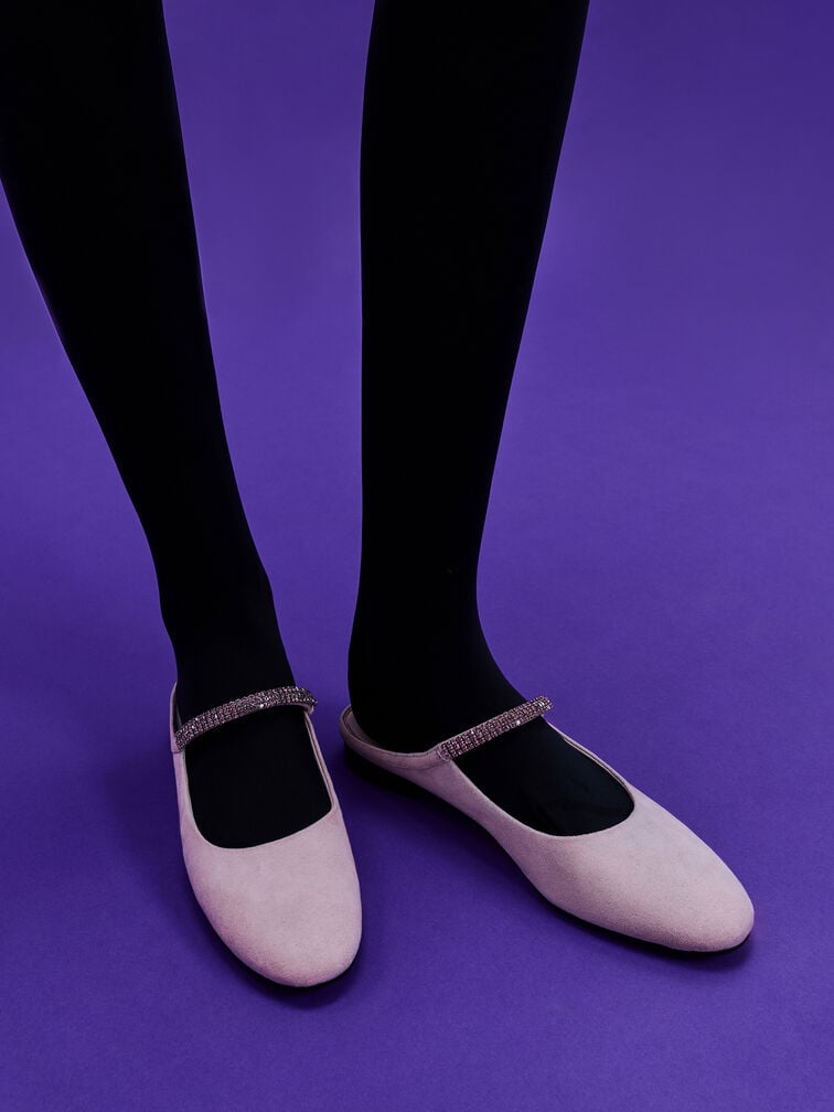 Faux Suede Crystal-Embellished Mary Jane Mules, Light Pink, hi-res