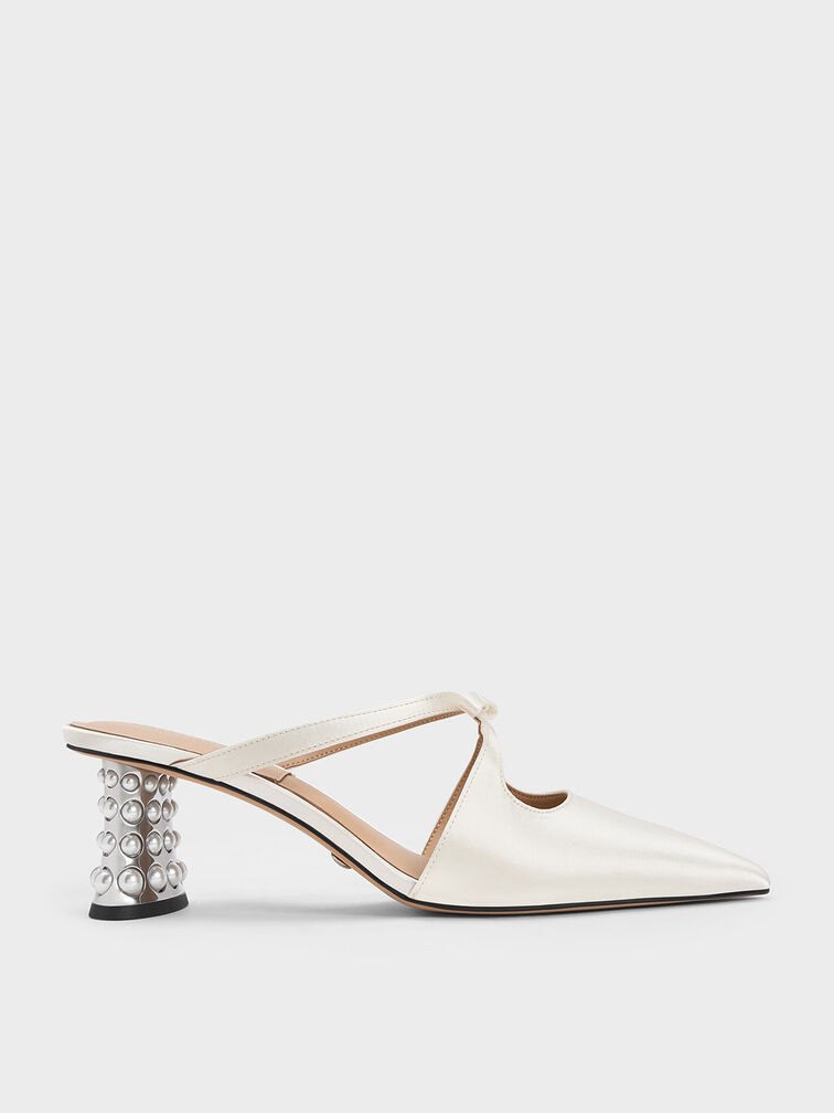 Beaded Heel Bow Mules, สีขาว, hi-res