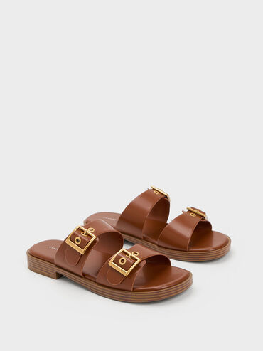 Buckled Double Strap Slide Sandals, สีคอนยัค, hi-res