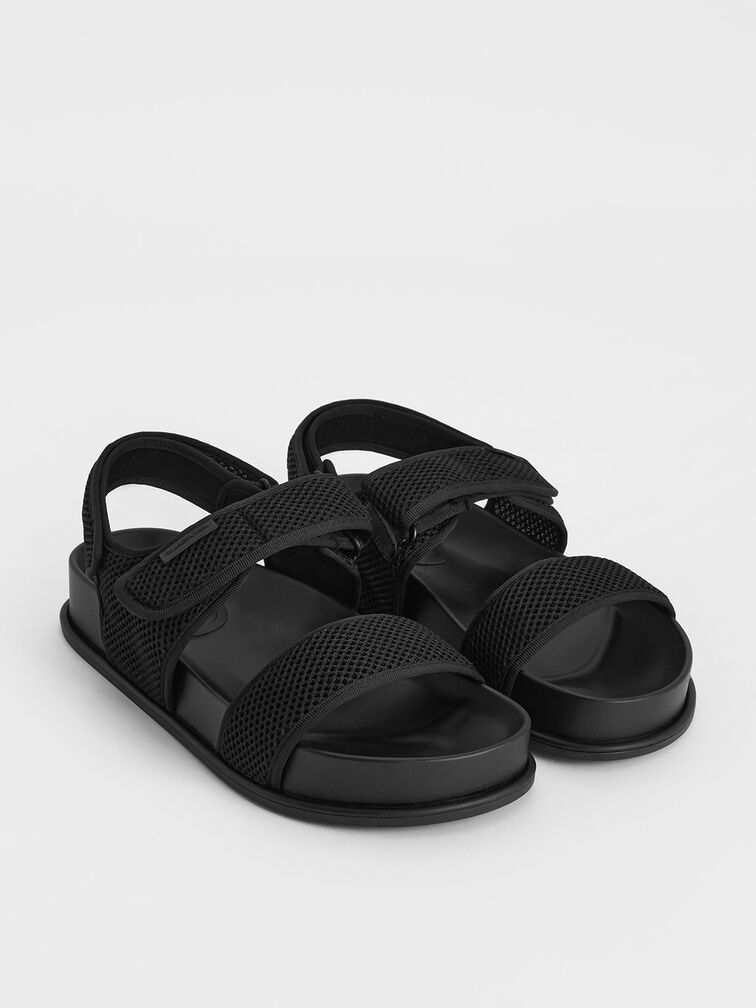 Mesh Double-Strap Slingback Sandals, Black Textured, hi-res