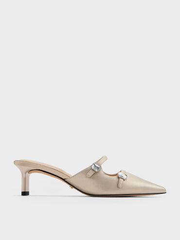 Pearlescent Leather Gem-Buckle Pointed-Toe Heeled Mules, Ivory, hi-res