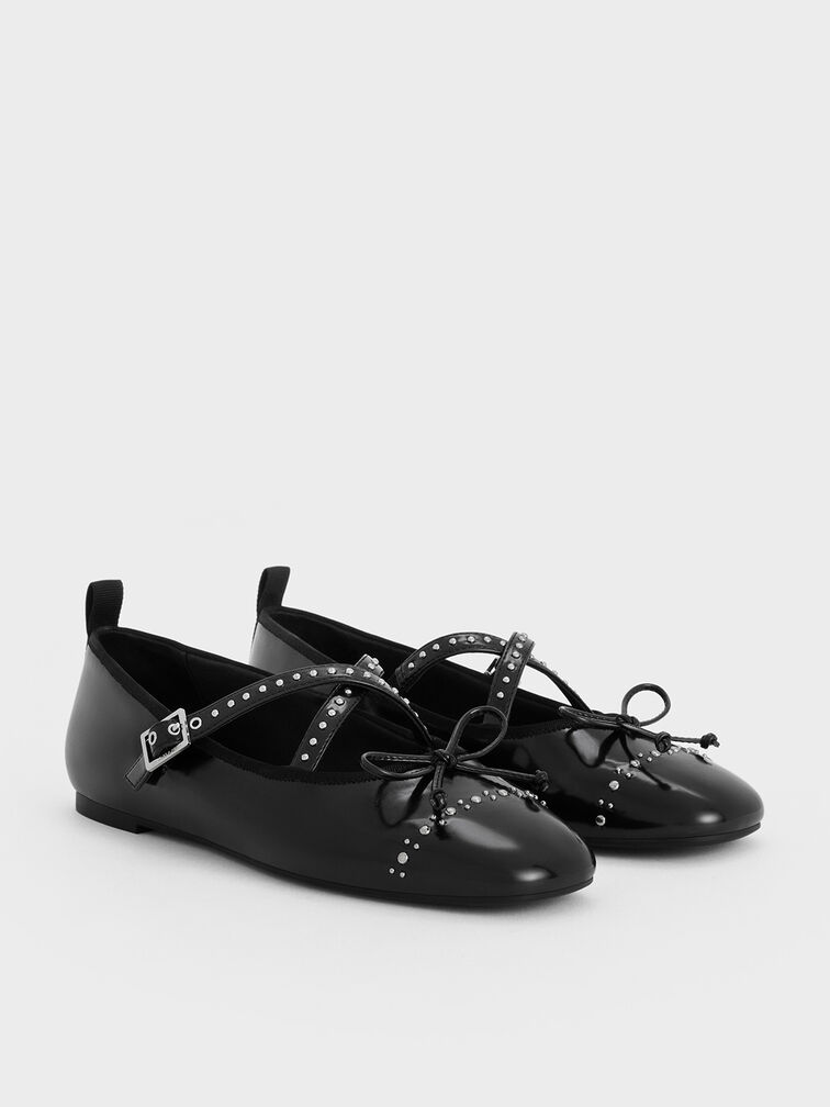 Studded Crossover-Strap Mary Jane Flats, Black Boxed, hi-res