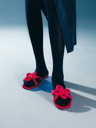 Clover-Knot Slide Sandals, Red, hi-res
