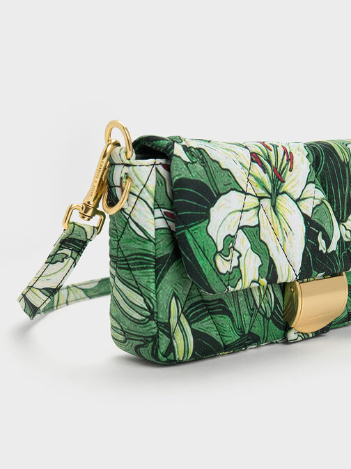 Botanical Print Fabric Wrapped Handle Bag, สีเขียว, hi-res