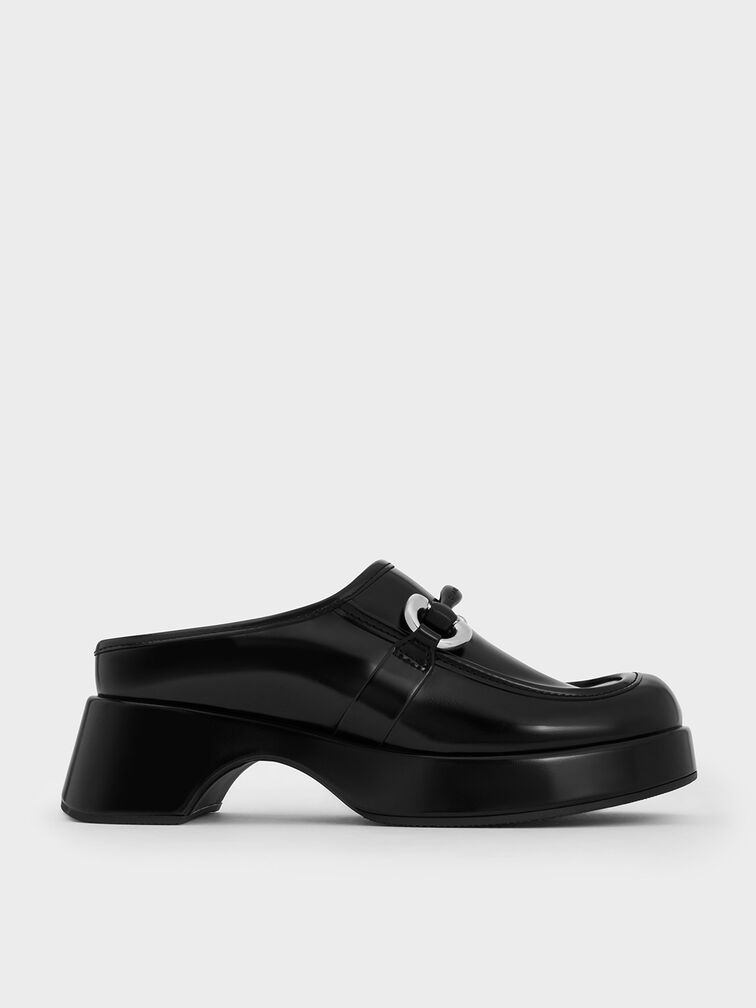 Metallic Accent Platform Mules, Black Boxed, hi-res