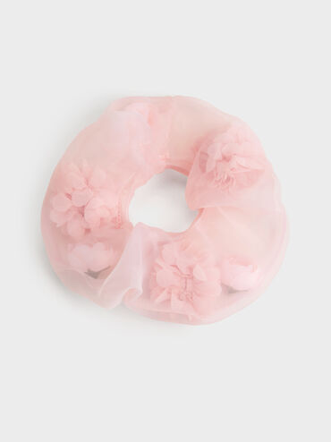 เซ็ตของขวัญ: กระเป๋าสะพายไหล่ดีเทลผ้าตาข่ายและดอกไม้พร้อมสายประดับมุก, สีชมพูอ่อน, hi-res