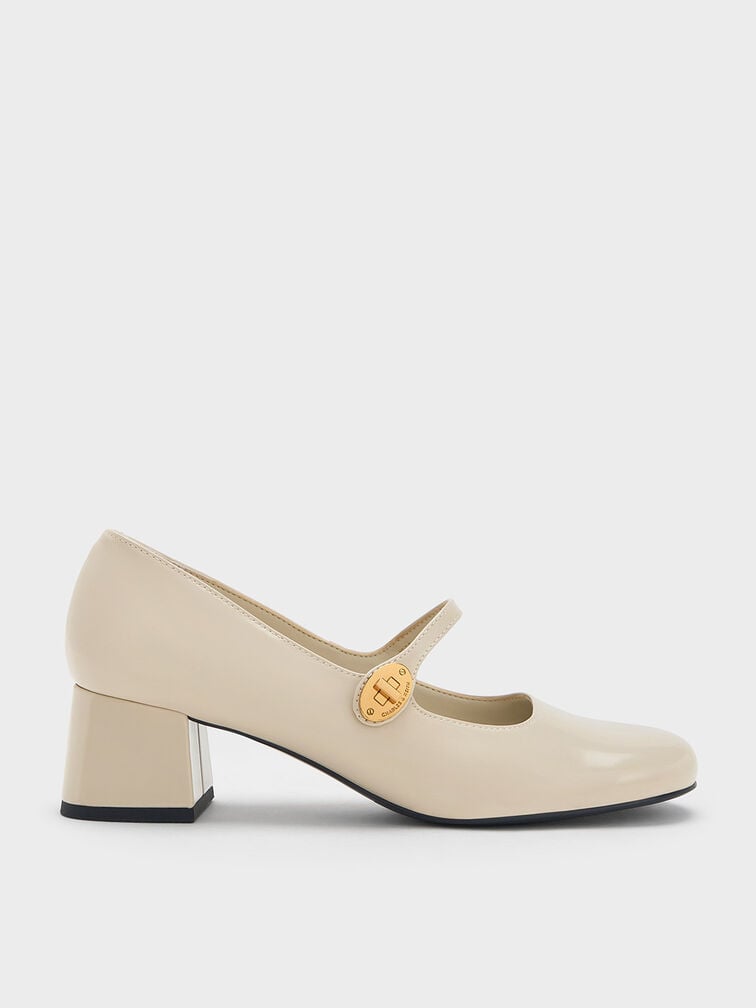 Hettie Patent Metallic-Buckle Block-Heel Mary Janes, Chalk, hi-res