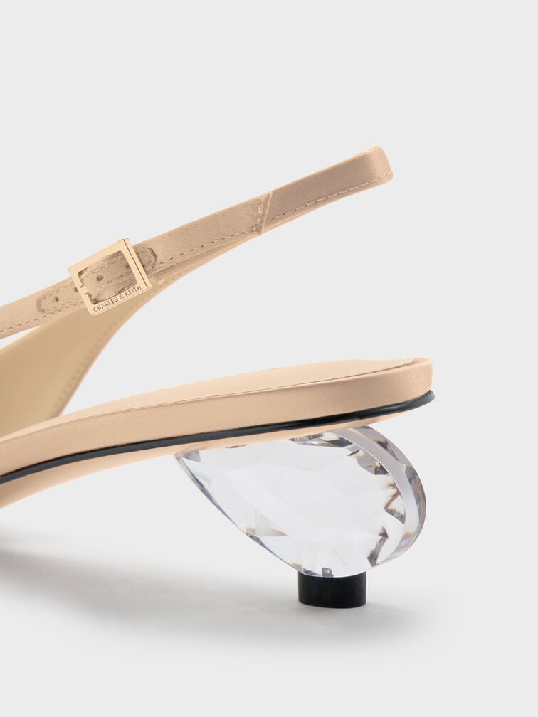 Satin Pointed-Toe Crystal-Heel Slingback Pumps, Gold, hi-res