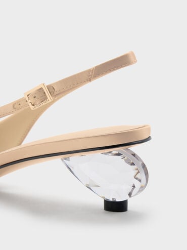 Satin Pointed-Toe Crystal-Heel Slingback Pumps, Gold, hi-res