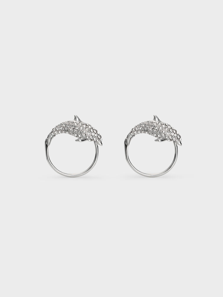 Delfina Crystal-Dolphin Hoop Earrings, Silver, hi-res