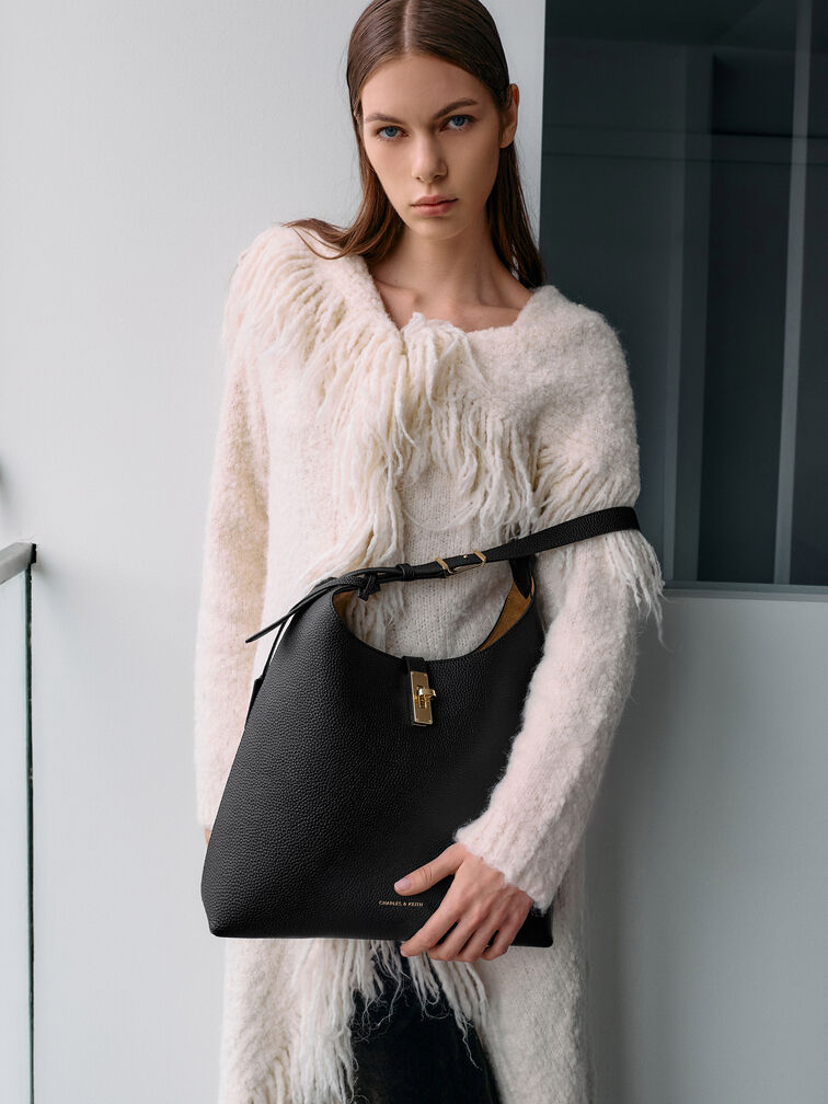 Chance Turn-Lock Hobo Bag, Black, hi-res