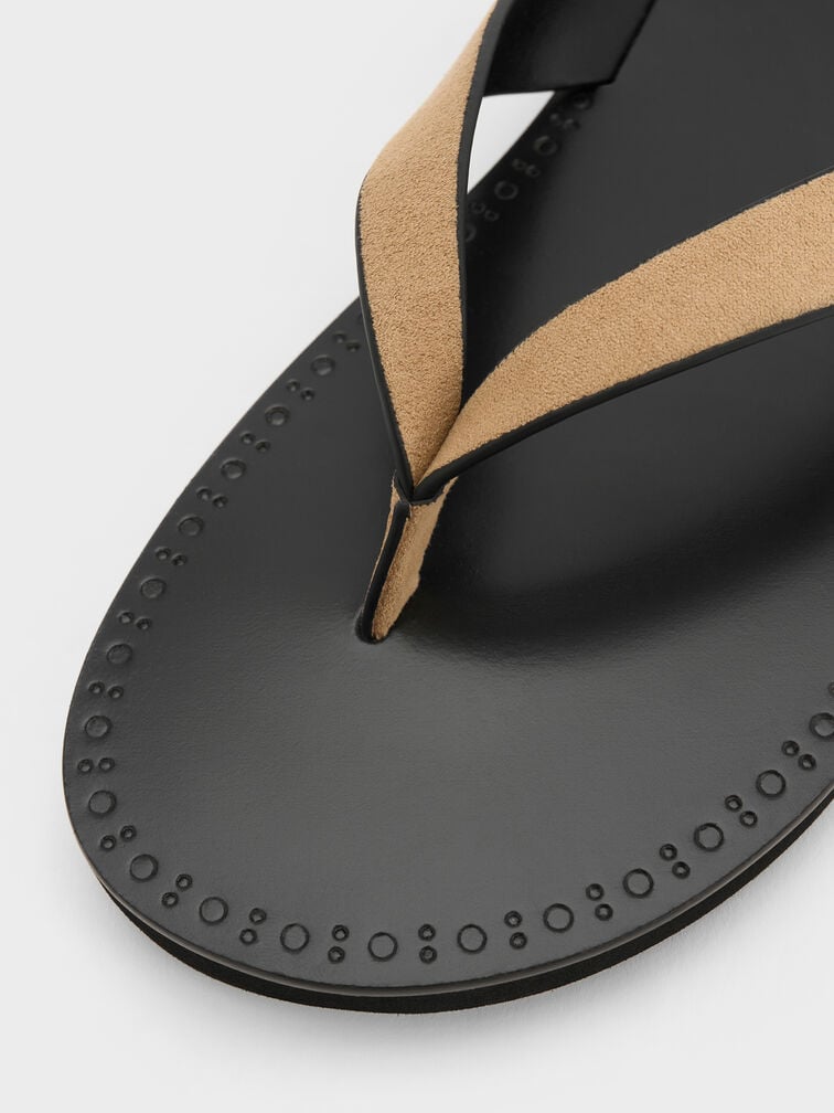 Faux Suede V-Strap Thong Sandals, Sand, hi-res