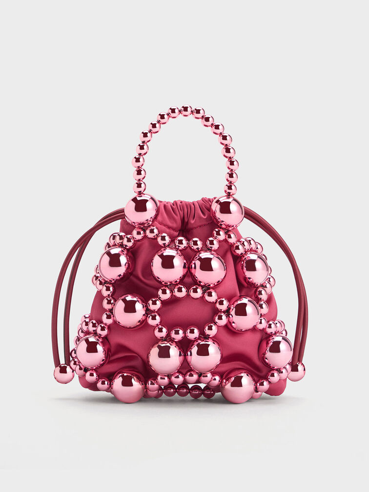 Beaded Top Handle Bag, สีฟูเชีย, hi-res