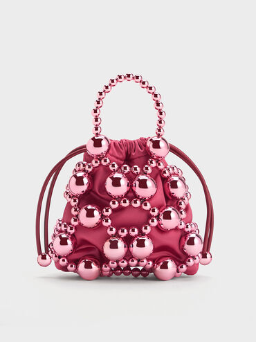 Beaded Top Handle Bag, สีฟูเชีย, hi-res