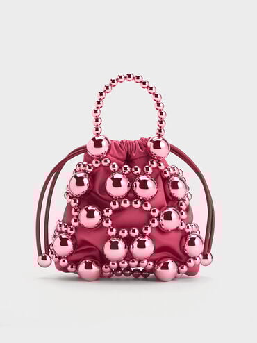 Beaded Top Handle Bag, สีฟูเชีย, hi-res