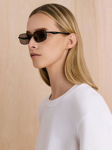 แว่นตากันแดดกรอบทรงเหลี่ยมขอบโลหะพร้อมเลนส์ย้อมสีรุ่น Celestia, สีดำอะไหล่สีเงิน, hi-res