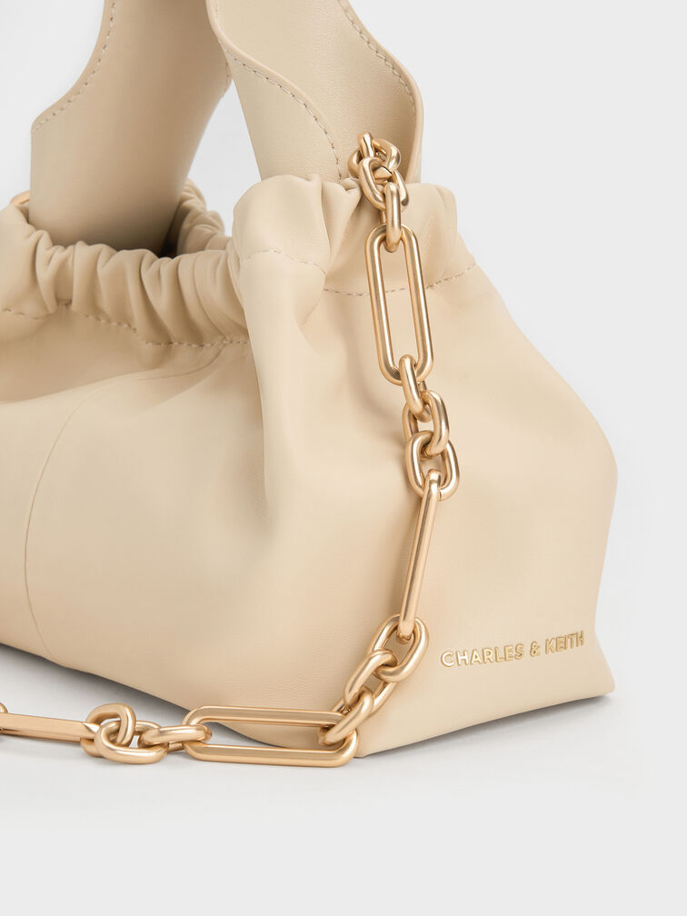 Ally Ruched Chain-Handle Bag, Beige, hi-res