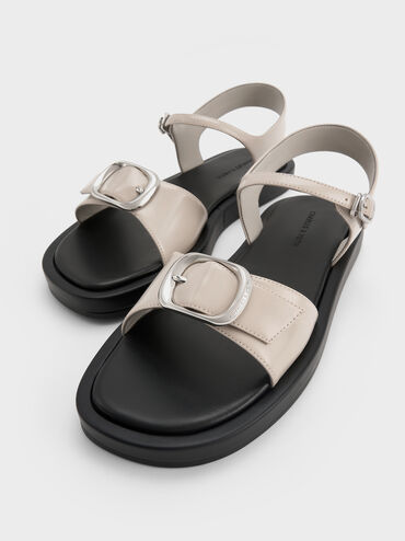 Buckled Slingback Sandals, Light Grey, hi-res
