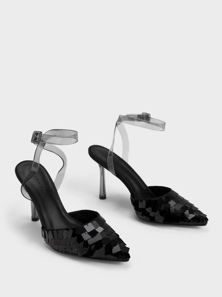 Sequinned Satin Ankle-Strap Pumps, , hi-res