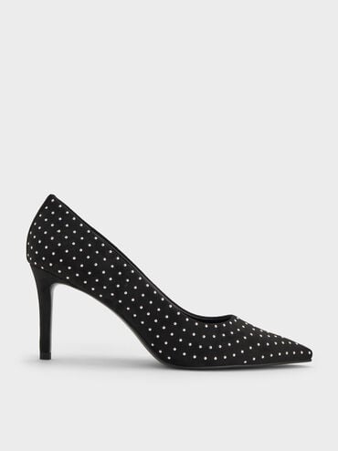 Faux Suede Studded Pointed-Toe Pumps, Black Textured, hi-res