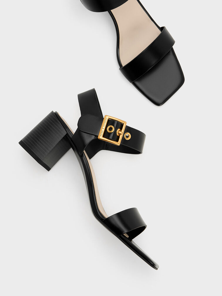 Square-Buckle Block Heel Sandals, Black, hi-res