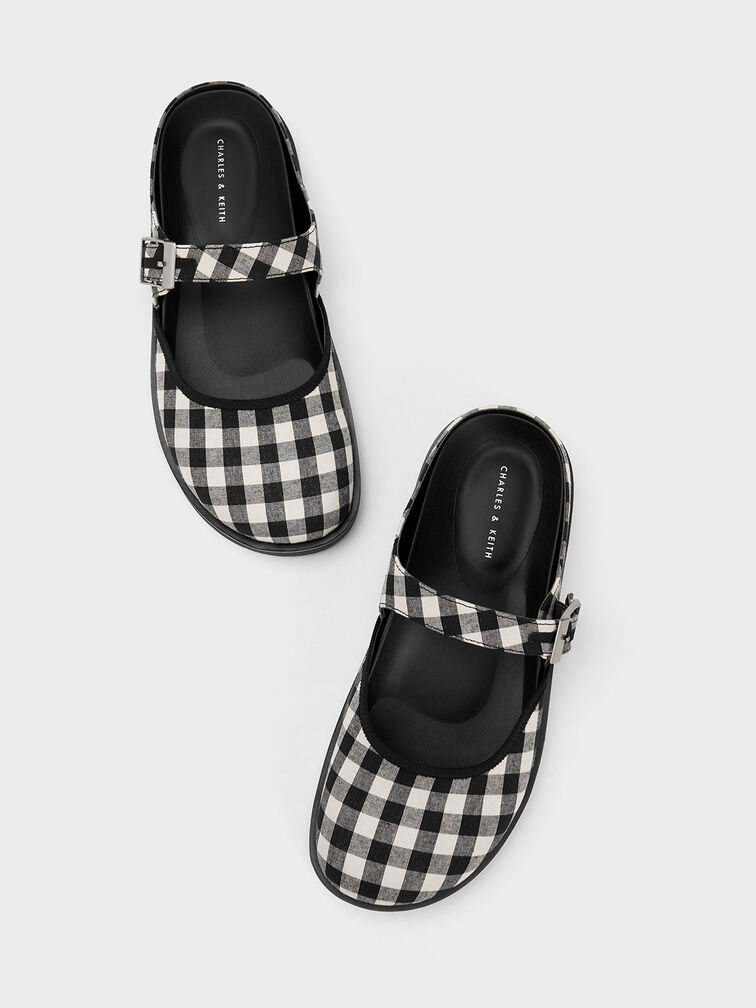 Gingham Buckled Flat Mules, , hi-res
