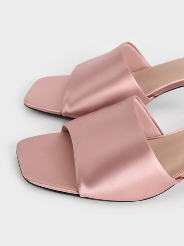 Satin Square-Toe Kitten-Heel Mules, Nude, hi-res