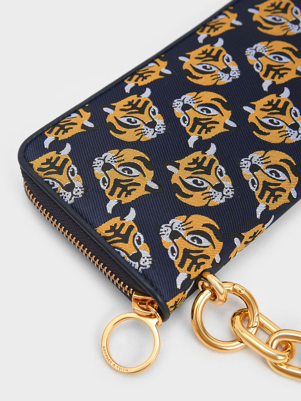 Tiger Print Chain Handle Long Wallet, Navy, hi-res