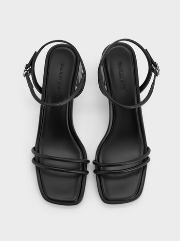 Strappy Trapeze-Heel Ankle-Strap Sandals, Black, hi-res