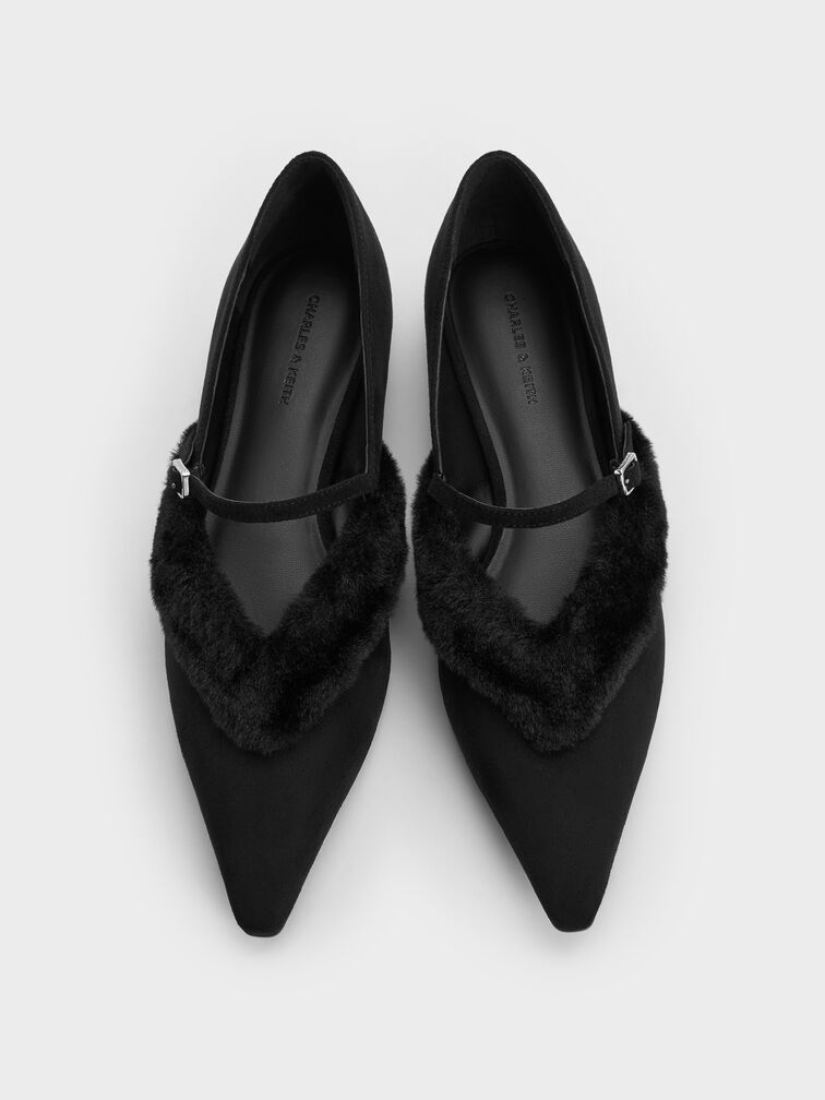 Emila Faux Suede Fur-Trim Pointed Mary Janes, Black Textured, hi-res
