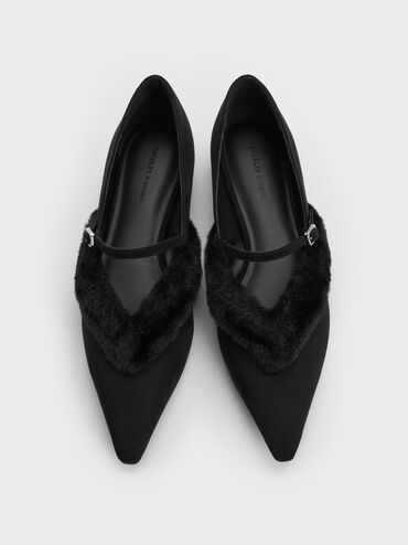 Emila Faux Suede Fur-Trim Pointed Mary Janes, Black Textured, hi-res