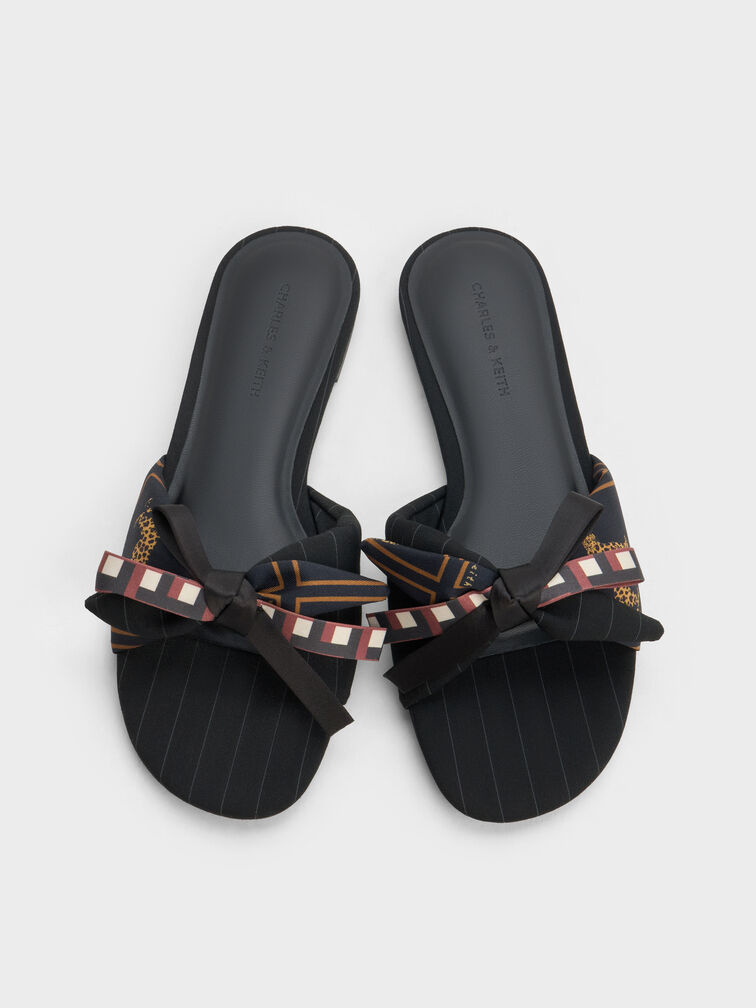 Satin Printed-Bow Slide Sandals, Black Textured, hi-res