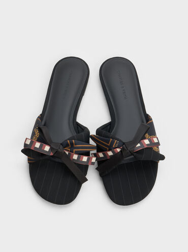 Satin Printed-Bow Slide Sandals, Black Textured, hi-res