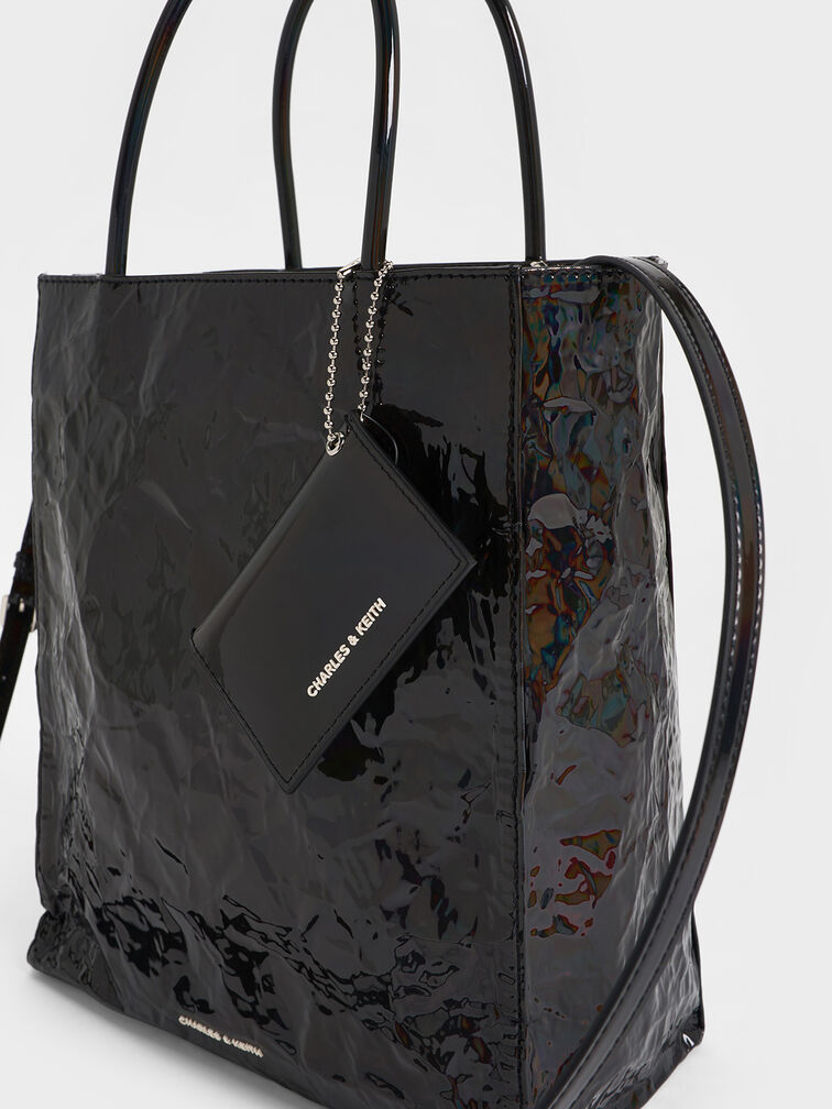 Large Matina Patent Crinkle-Effect Elongated Tote Bag, Prism Noir, hi-res