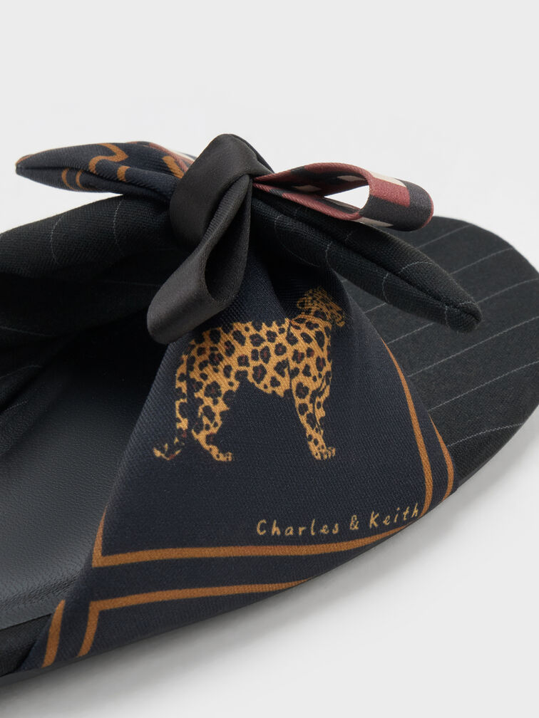 Satin Printed-Bow Slide Sandals, Black Textured, hi-res