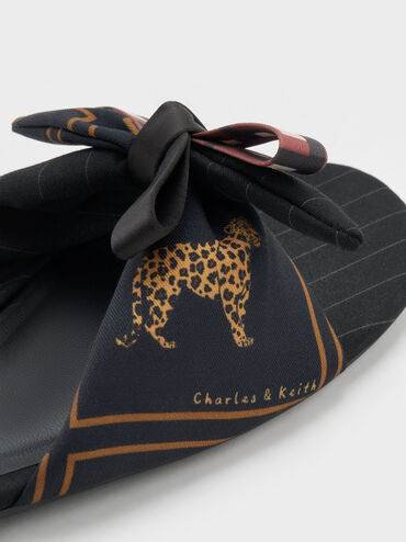 Satin Printed-Bow Slide Sandals, Black Textured, hi-res